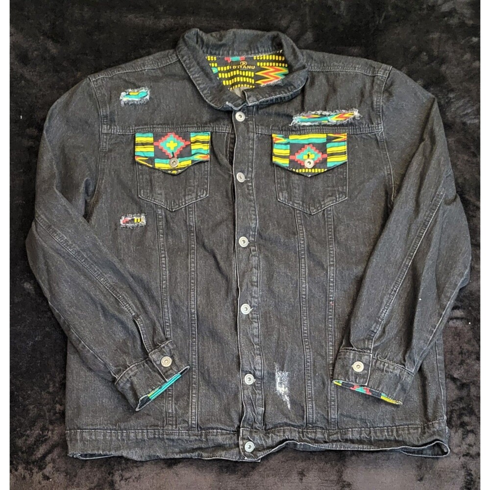 Men's D'iyanu Black Denim Jacket Size  3X Afrocentric-inspired Printed Panels